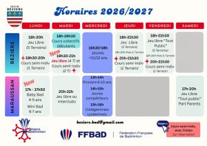 Tableau récapitulatif des horaires pour la saison 2026-2027